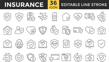 Insurance and Risk Protection Line Icon Set. Pixel perfect and Outline Editable Stroke Icons collection for Policy, Health, Life, Home, Car, Medical, and Financial Coverage