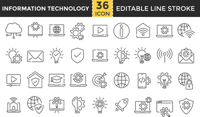 Information Technology Line Icon Set. Pixel perfect and Outline Editable Stroke Icons collection for IT Network, Internet, Website, Software, Programming, Communication and Data