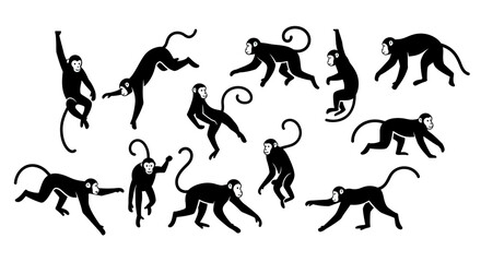 Fototapeta premium Collection of stylized black monkey silhouettes in various dynamic poses, showcasing playful movement and agile forms.