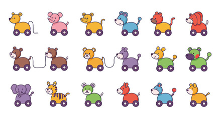 Colorful Cartoon Animal Toys on Wheels, Various Designs and Styles.