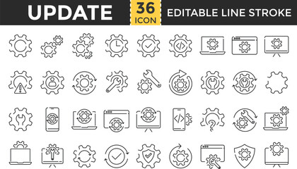 Update, Optimization and Upgrade Line Icon Set. Pixel perfect and Outline Editable Stroke Icons collection for Settings, System Install, Performance, Progress, and Technology