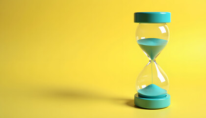 A classic hourglass with blue sand, counting down against a yellow backdrop.
