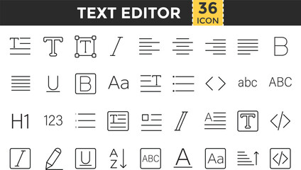 Text Editor Line Icon Set. Pixel perfect and Outline Editable Stroke Icons collection for Text, Writing, Paragraph, Font, Editor Tool, Formatting, and Typography