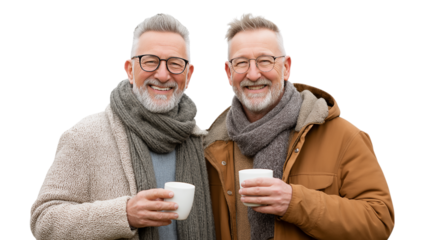 Senior twin brothers smiling with coffee on a white background