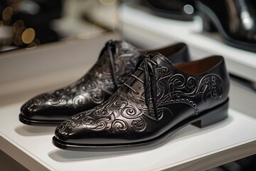 Close up of stylish men's black dress shoes featuring intricate floral embossing, showcasing craftsmanship and luxury
