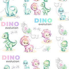 Seamless watercolor pattern baby dino with egg and mom for nursery design. Cartoon and cute dinosaurs for print, wallpaper, fabric