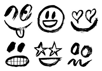 Various Smiley Faces Grunge Brush Stroke Drawing Vector Set
