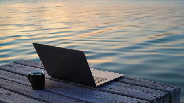 Peaceful Morning Work Routine with a Laptop by a Serene Waterside