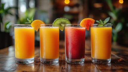 Fototapeta premium Four vibrant fruit smoothies in tall glasses, orange, kiwi, peach, and red