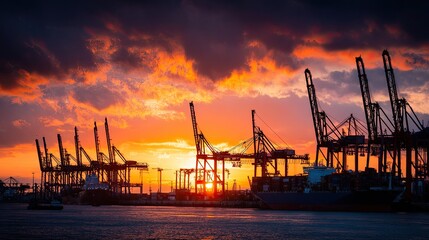 Obraz premium Silhouette harbor cranes at sunset