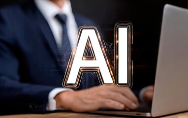 Businessman using laptop with AI overlay