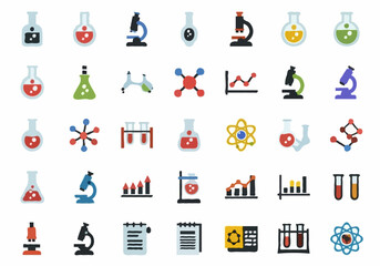 Fototapeta premium A colorful set of flat chemistry and science icons for laboratory work on a white background.