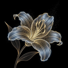 Digital Glowing Lily Flower with Golden Lines.
A radiant lily illustrated with golden flowing lines and a magical glow against a dark background.
