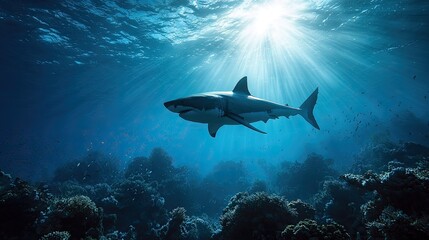 Obraz premium Great white shark in sunlit coral reef