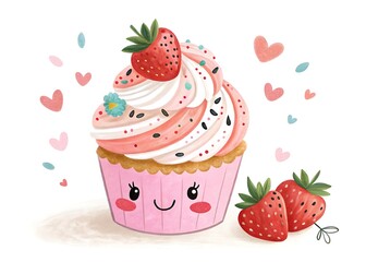 A charming strawberry cupcake with pink frosting and heart decorations, isolated on white background