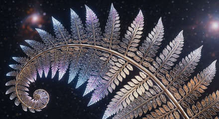 Textured Metallic Fern in Dark Light.
Close-up of a metallic fern leaf with subtle gradients and fine surface textures on black background.
