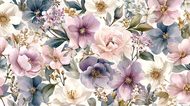 Elegant watercolor floral pattern with soft hues of pink purple and blue
