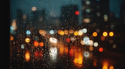 Rainy night city lights through a window