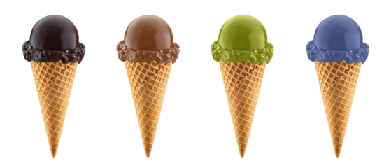 Colorful glazed waffle cone ice cream transparent PNG cutout set bundle, isolated background. Dark, milk chocolate, green, blue candy glaze flavor cue, cold sweet scoop summer treat