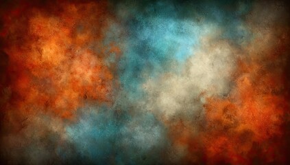 Abstract background with swirling, textured clouds of orange, teal, and beige