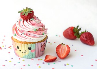 A delightful strawberry cupcake with colorful frosting and sprinkles sits isolated on white background, promising a sweet and cheerful treat