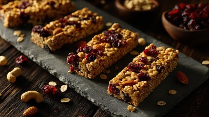 Delicious granola bars with dried cranberries and almonds displayed on a dark slate surface for healthy snacks