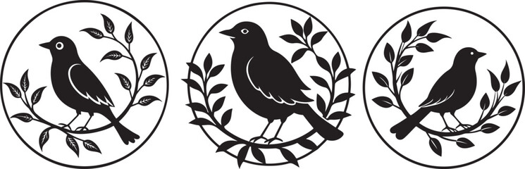 Obraz premium Elegant Black Silhouette of a Bird Perched on a Branch within a Circle