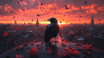 Raven perched atop a rooftop at fiery sunset