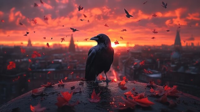 Raven perched atop a rooftop at fiery sunset