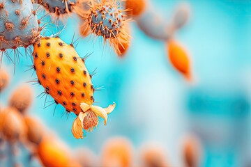 Close-up of vibrant orange-yellow prickly pear fruit and flower on a cactus branch. Soft focus background