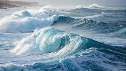 Layers of blue and white waves overlapping in an abstract design. AI GENERATED.

