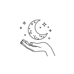Hand holding crescent moon with stars in minimalist line art  