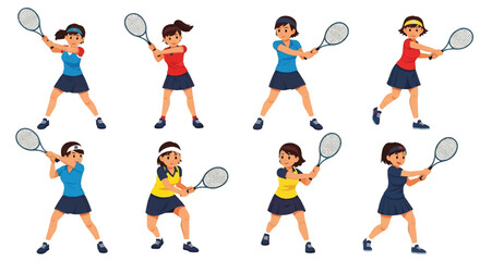 flat style illustration set of female tennis players in various dynamic poses like serving, forehand, and backhand shots, showcasing the energy and skill of the sport