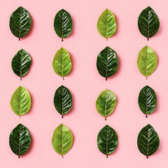 Fototapeta premium Arrangement of green leaves on a pink background isolated on white background