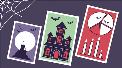 A spooky halloween collection featuring a haunted mansion a full moon with candles and a themed pie chart with candles and bats