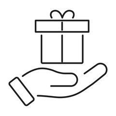 Hand hold gift box line icon. Charity and donation concept vector illustration