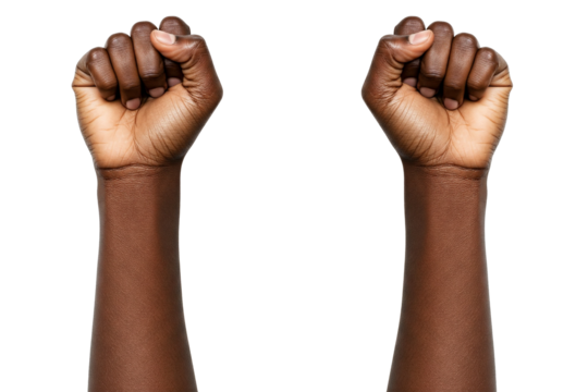 Raised black hands Fist: A Close-Up of an Arm Extending Upward with a Clenched Fist, Isolated on a White Background, Symbolizing Strength