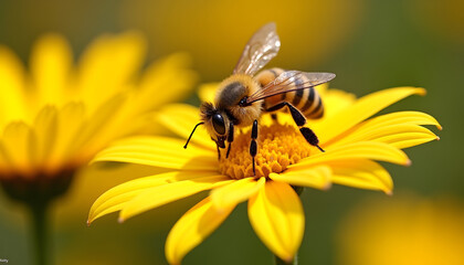 A honeybee gathers pollen from a vibrant yellow flower under the sun.