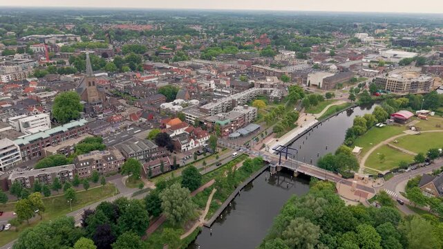 Aerial View of Doetinchem Historic City Center and River Oude IJssel, Achterhoek, Netherlands