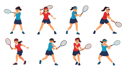 flat style illustration set of female tennis players in various dynamic poses like serving, forehand, and backhand shots, showcasing the energy and skill of the sport