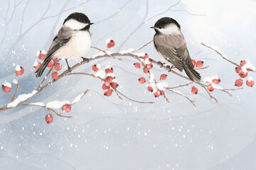 Watercolor winter composition with branches hawthon, red berries and cute birds chickadee. Christmas illustration with paper texture for banner, invitation or greeting cards, cover or background.
