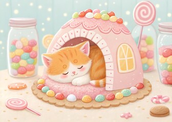 A ginger kitten is sleeping peacefully inside a pink candy house surrounded by jars of sweets and lollipops, creating a cozy and adorable scene