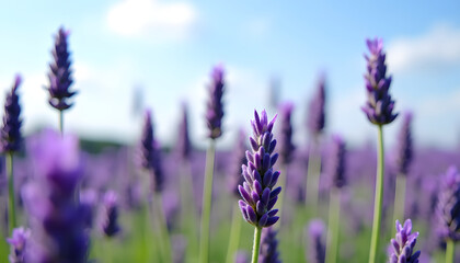 Obraz premium A vibrant field of lavender flowers basking in the warm summer sun, creating a serene landscape.
