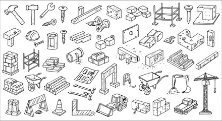 Detailed collection of various black and white line art illustrations depicting essential construction tools, building materials, heavy equipment, and worksite elements.
