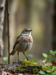 Close-up shot of a European rock pipit in the forest on a blurred background