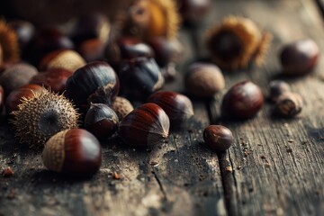 Heap of dark chestnuts and spiky husks scattered on aged, weathered wood surface