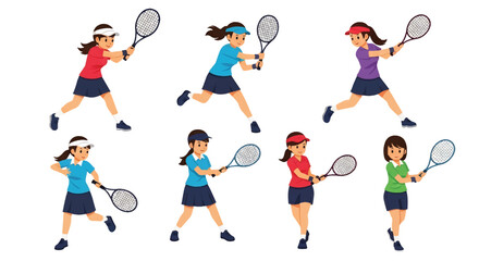 flat style illustration set of female tennis players in various dynamic poses like serving, forehand, and backhand shots, showcasing the energy and skill of the sport
