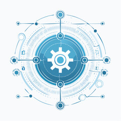 Fototapeta premium Blue gears and abstract circles illustrate a network technology business concept, symbolizing communication and connection across a web of social media and machine-like patterns