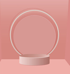 Minimalist 3D-rendered scene with a light pink-red wall backdrop, a central round grayish-pink pedestal, and two overlapping cream-colored circular hoops framing space above the pedestal
