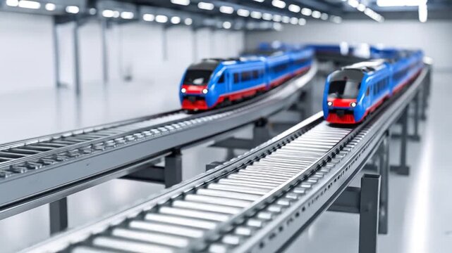 Modern Blue Red Passenger Trains on Parallel Tracks Inside a White Industrial Building with Metal Support Structures and Overhead Lighting